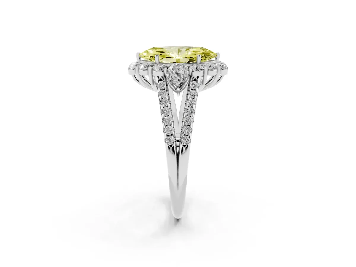 Fancy Yellow Marquise Cut Halo Split Shank Diamond Engagement Ring with Prong Setting Silver