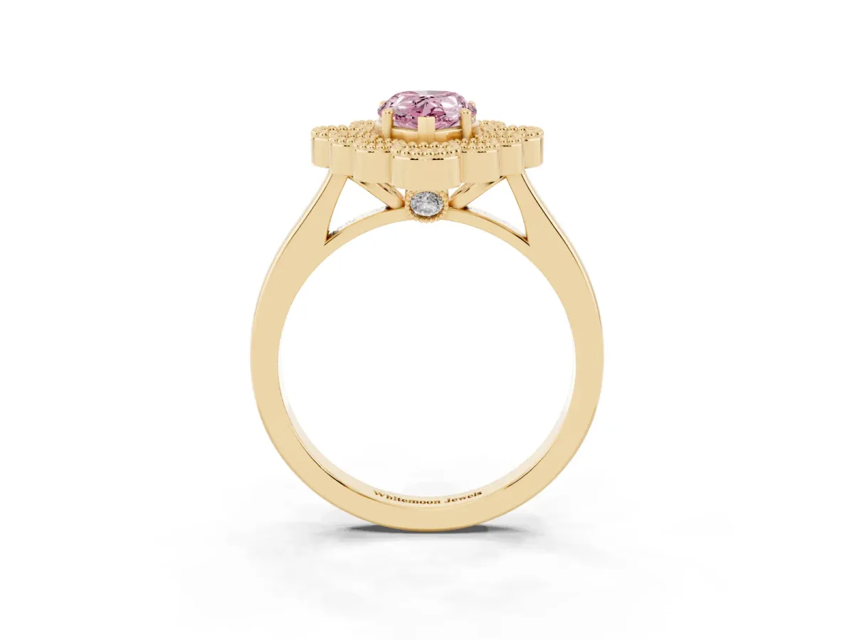 Fancy Pink Pear Cut Halo Diamond Cluster Engagement Ring with Milgrain Bezel Setting and Solitaire Band Yellow gold