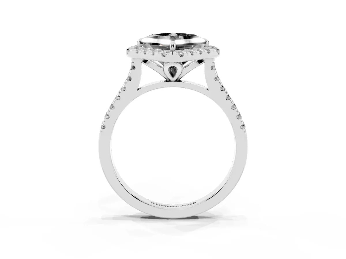 Fancy Black Princess Cut Diamond Cushion Halo Ring with Pavé Band Silver