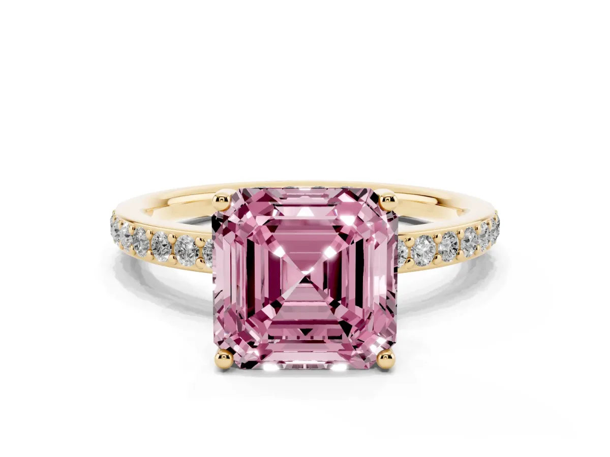 Fancy Pink Asscher Cut Cut Diamond Pavé Band Ring with Four-Prong Setting Yellow gold