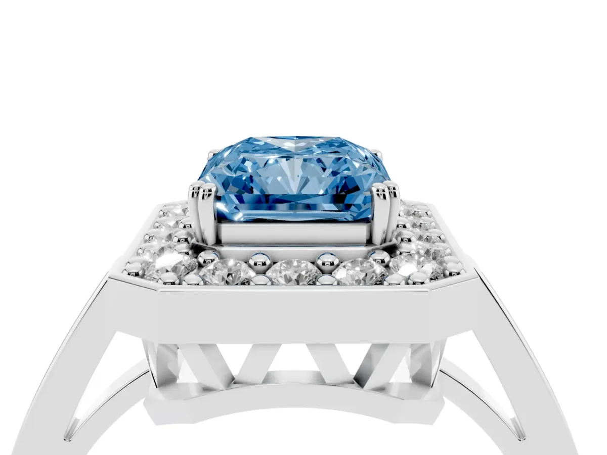 Fancy Blue Radiant Cut Diamond Halo Ring with Split Shank and Four-Prong Setting Platinum