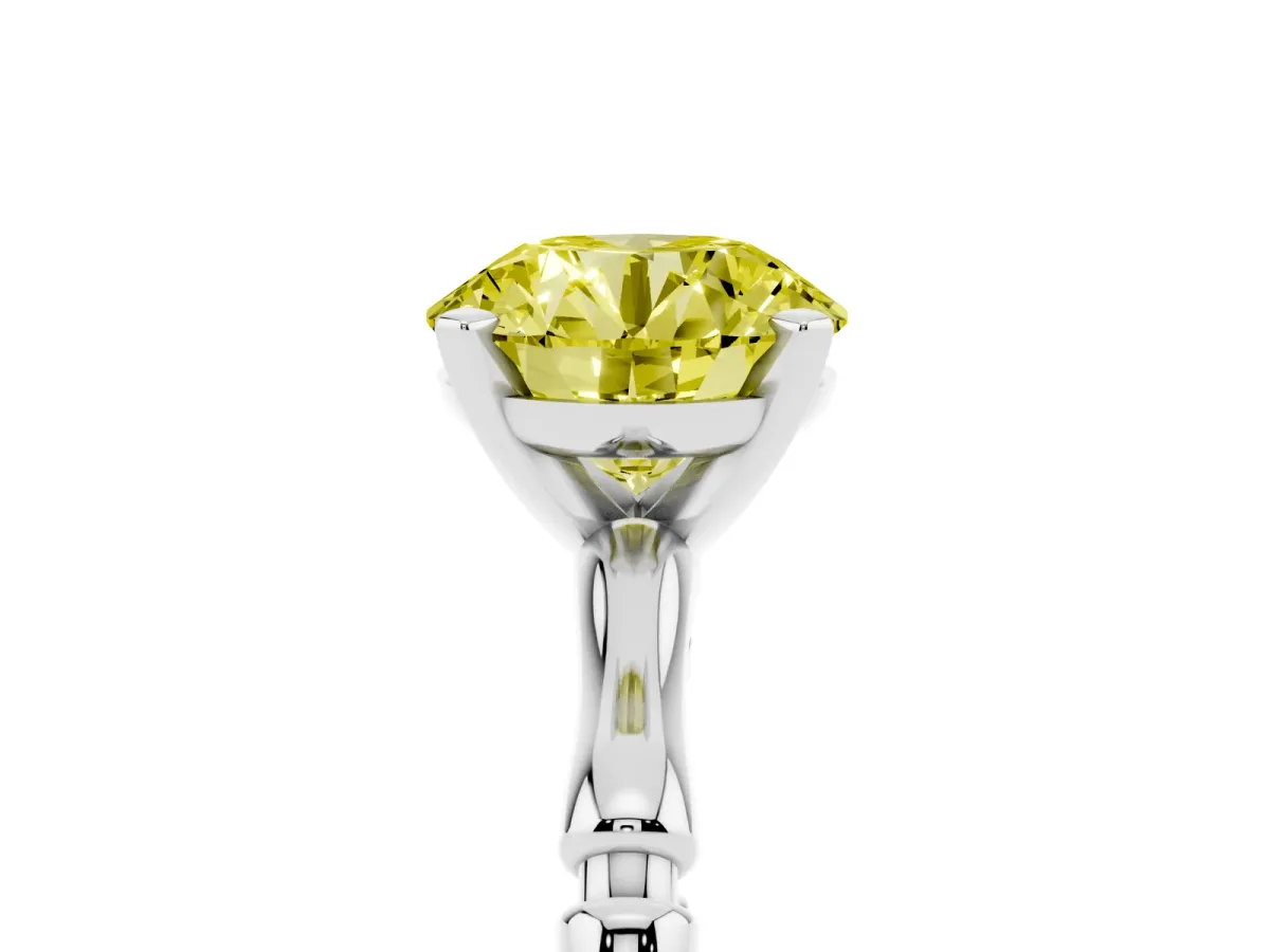 Fancy Yellow Round Cut Solitaire Diamond Ring with Bamboo Band and Four-Prong Setting Silver