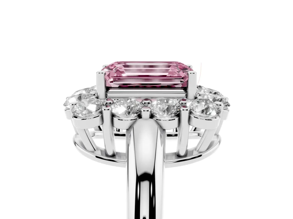 Fancy Pink Emerald Cut Halo Cluster Diamond Engagement Ring with Prong Setting and Polished Band Silver