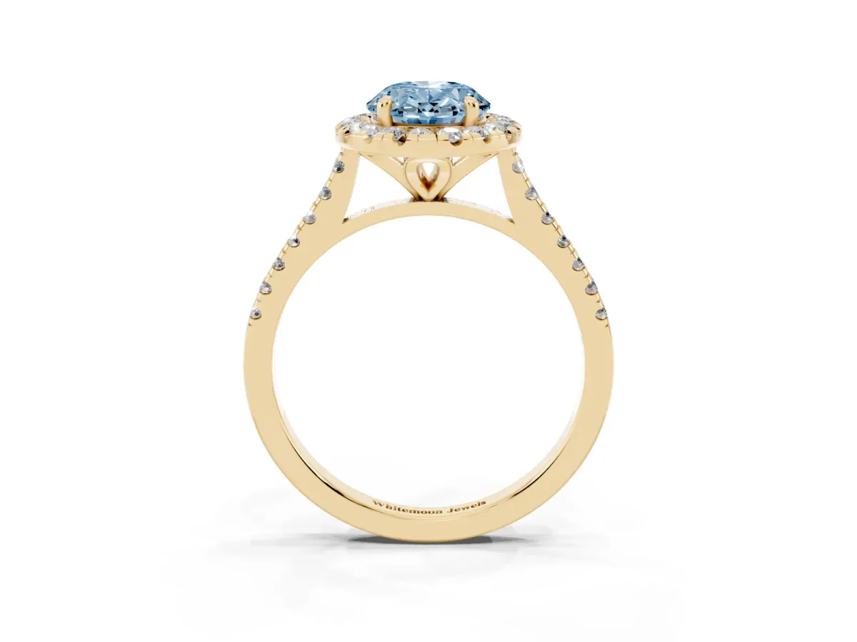 Fancy Blue Oval Cut Diamond Cushion Halo Ring with Pavé Band Yellow gold