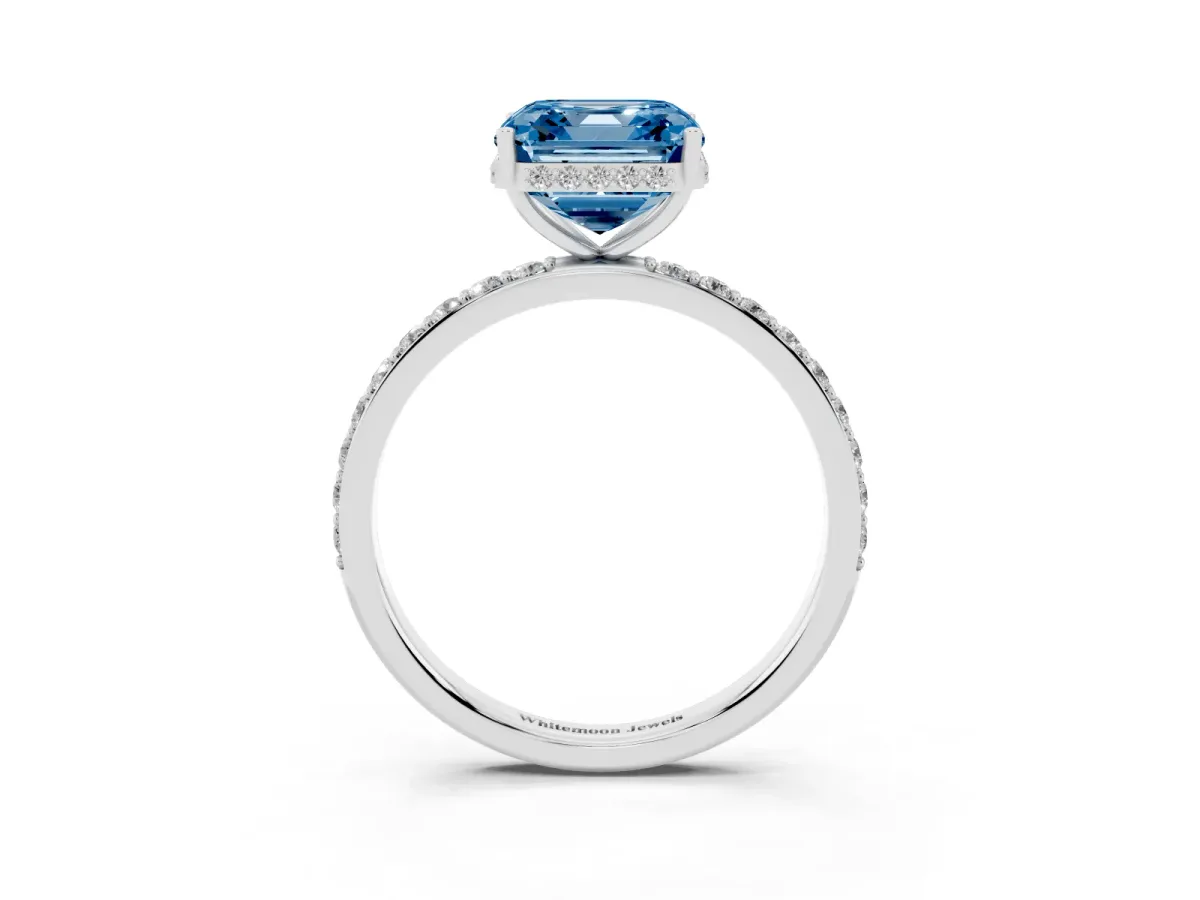 Fancy Blue Asscher Cut Diamond Solitaire Ring with Pavé Band and Hidden Halo White gold