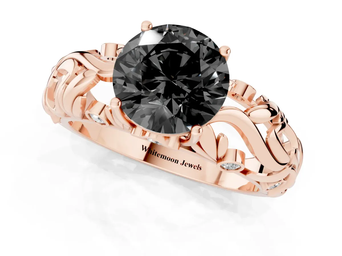 Fancy Black Round Cut Solitaire Diamond Leaf-Inspired Vine Band Ring with Prong Setting Rose gold