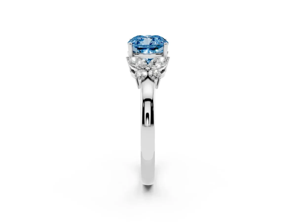 Fancy Blue Cushion Cut Cut Solitaire Floral Diamond Ring with Four-Prong Setting Silver