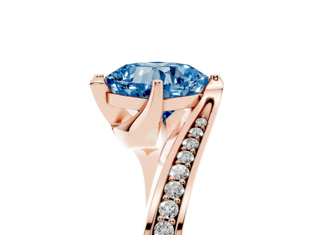 Fancy Blue Cushion Cut Solitaire Diamond Twist Band with Pavé Setting and Four-Prong Setting Rose gold
