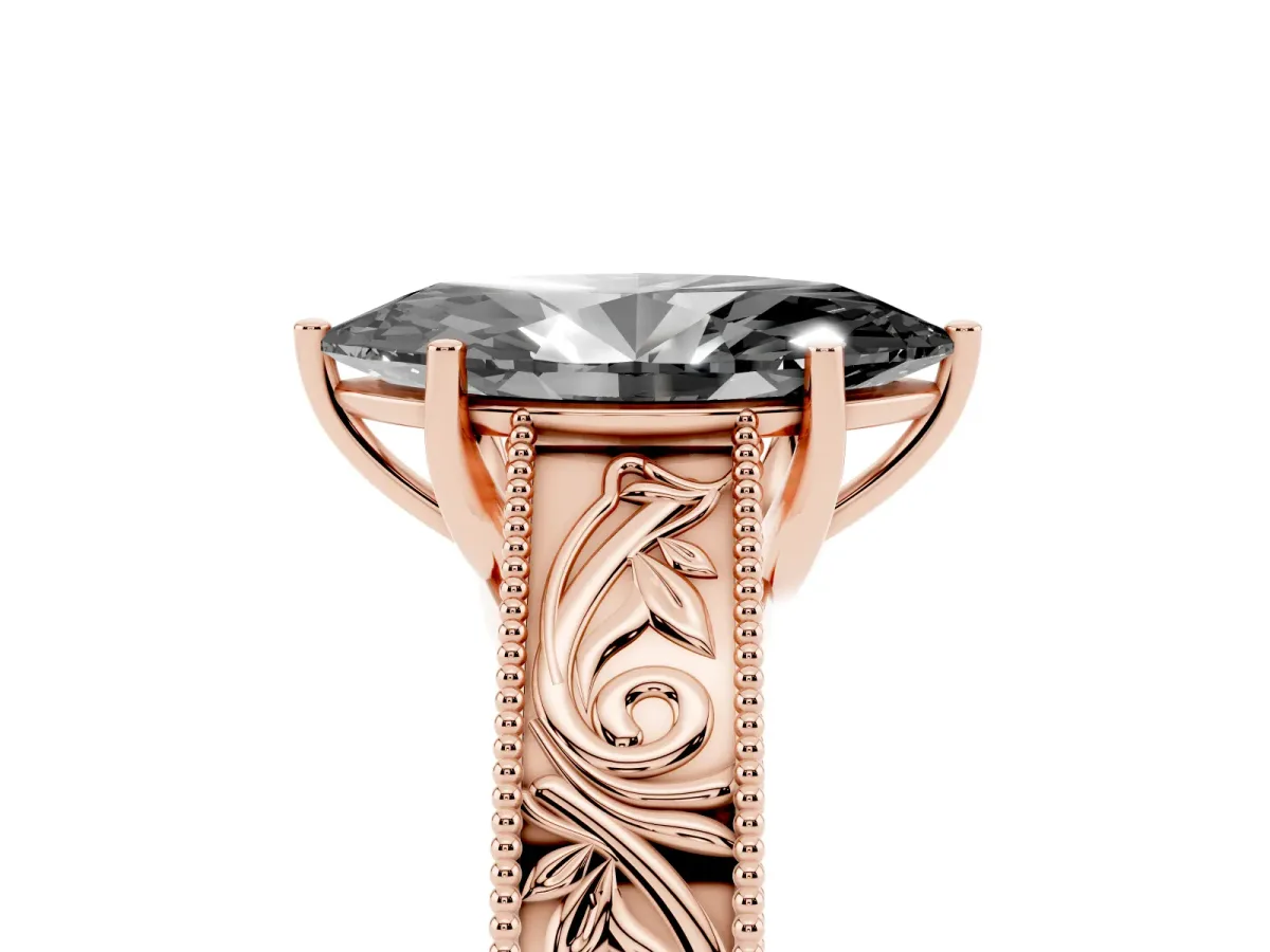Fancy Black Marquise Cut Diamond Solitaire Ring with Engraved Band and Four-Prong Setting Rose gold