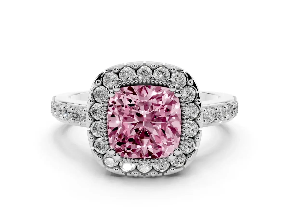 Fancy Pink Cushion Cut Diamond Halo Ring with Pavé Band and Prong Setting Silver