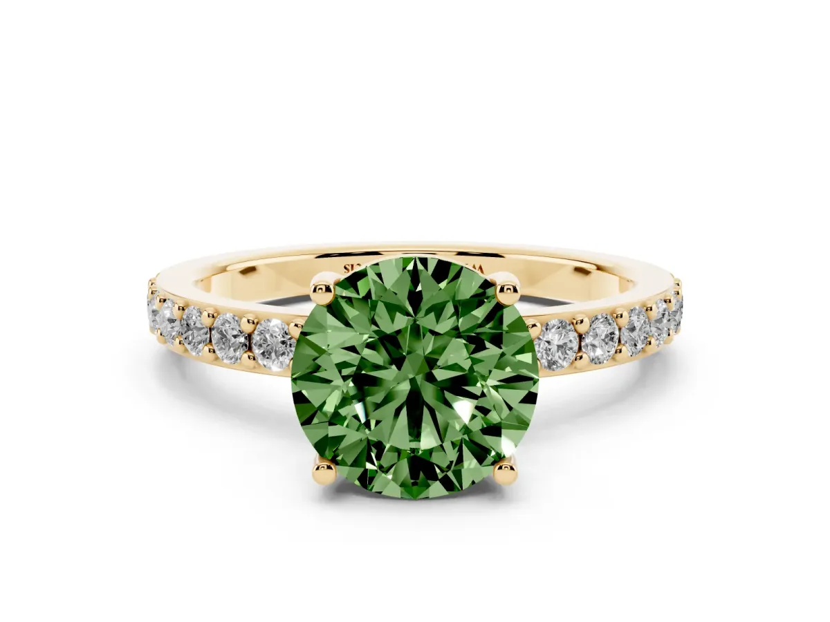 Fancy Green Round Cut Cut Diamond Solitaire with Pave Band and Four-Prong Setting Yellow gold