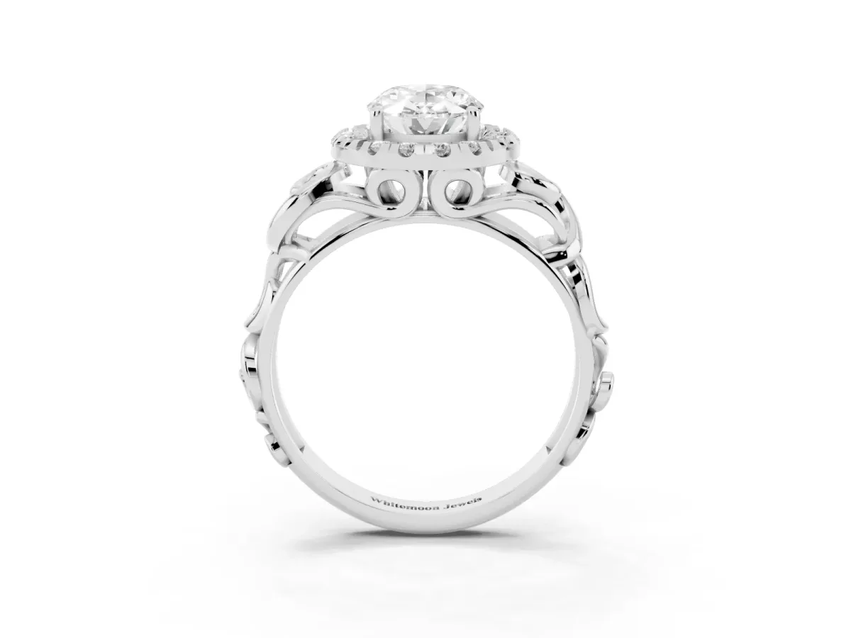 Oval Cut Cut Halo Diamond Ring with Scrollwork Band and Four-Prong Setting Silver