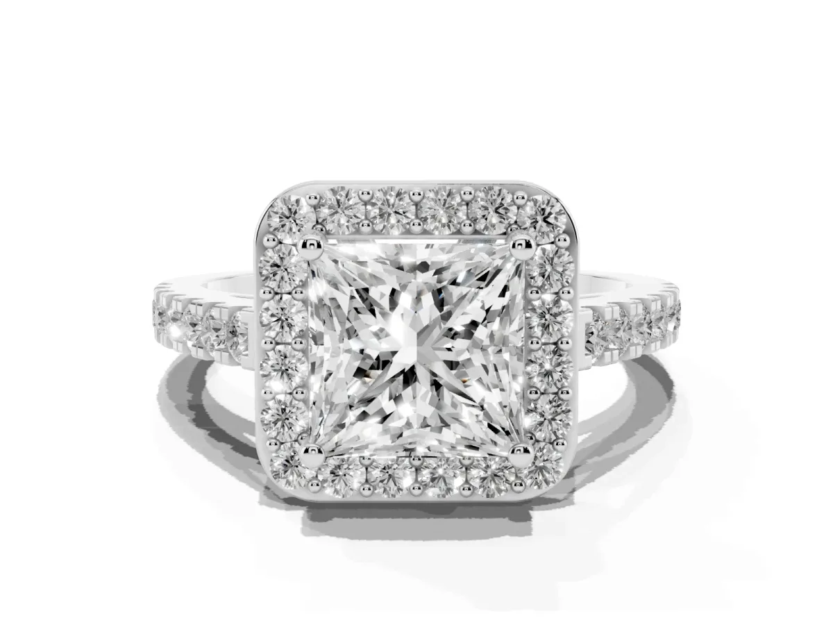 Princess Cut Diamond Halo Ring with Round Pavé Split Shank and Prong Setting Silver