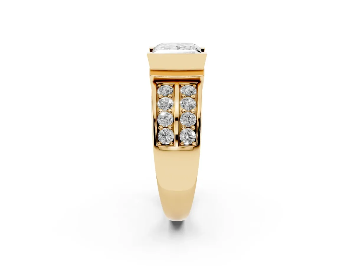 Princess Cut Brilliant Diamond Channel Set Wide Band Ring with Bezel Setting Yellow gold