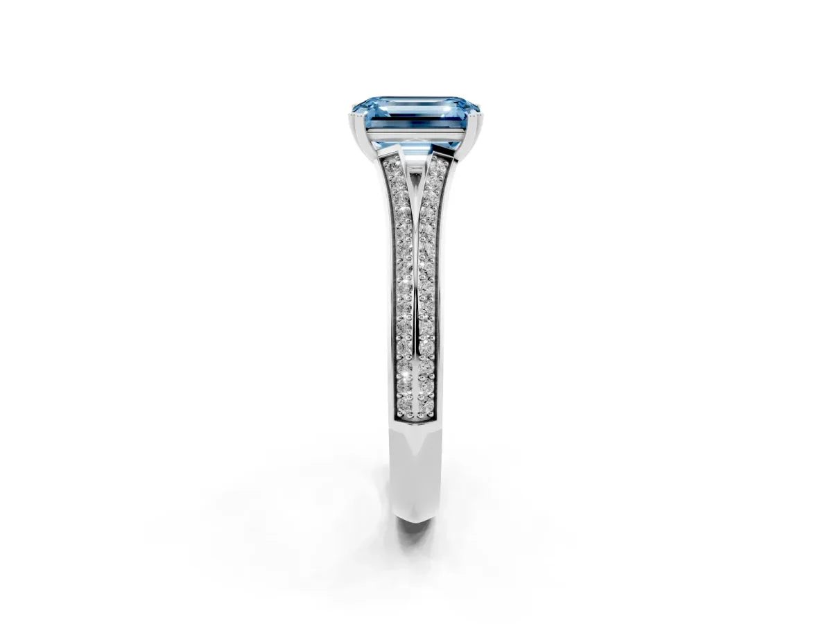 Fancy Blue Emerald Cut Diamond Split Shank Engagement Ring with Pavé Band Silver
