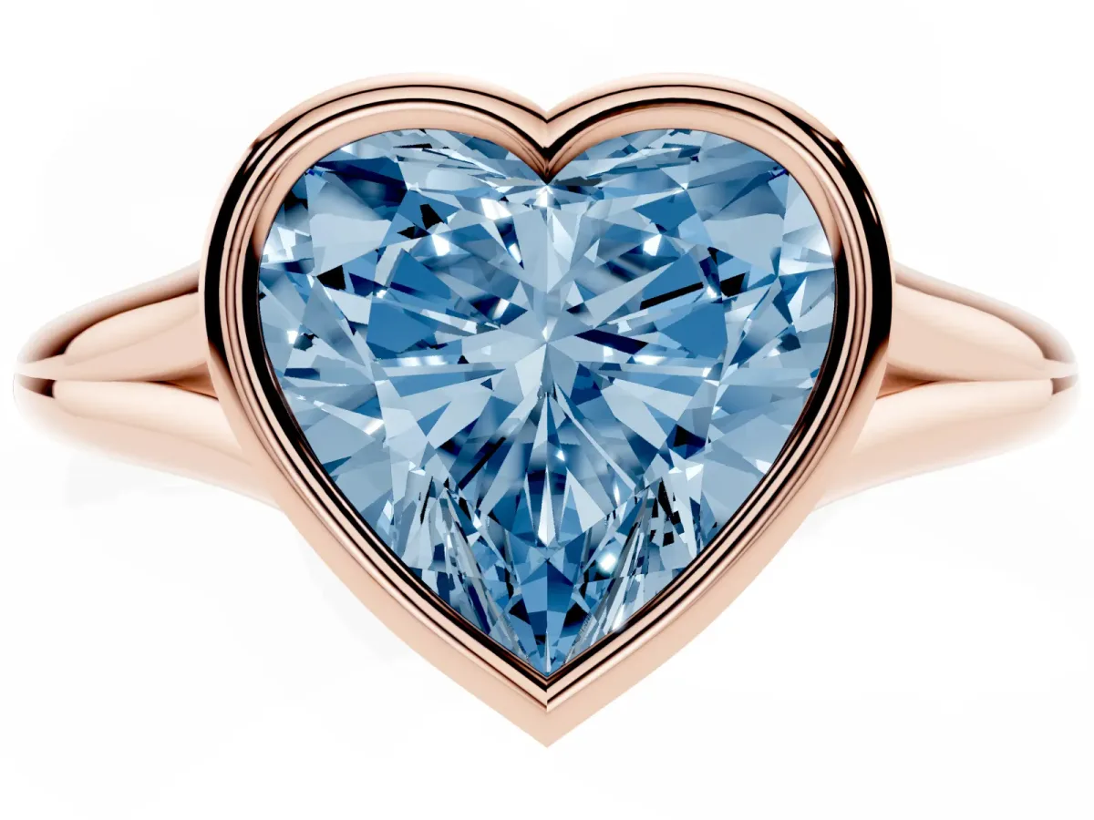 Fancy Blue Bezel Set Heart Cut Cut Solitaire Ring with Tapered Band Rose gold