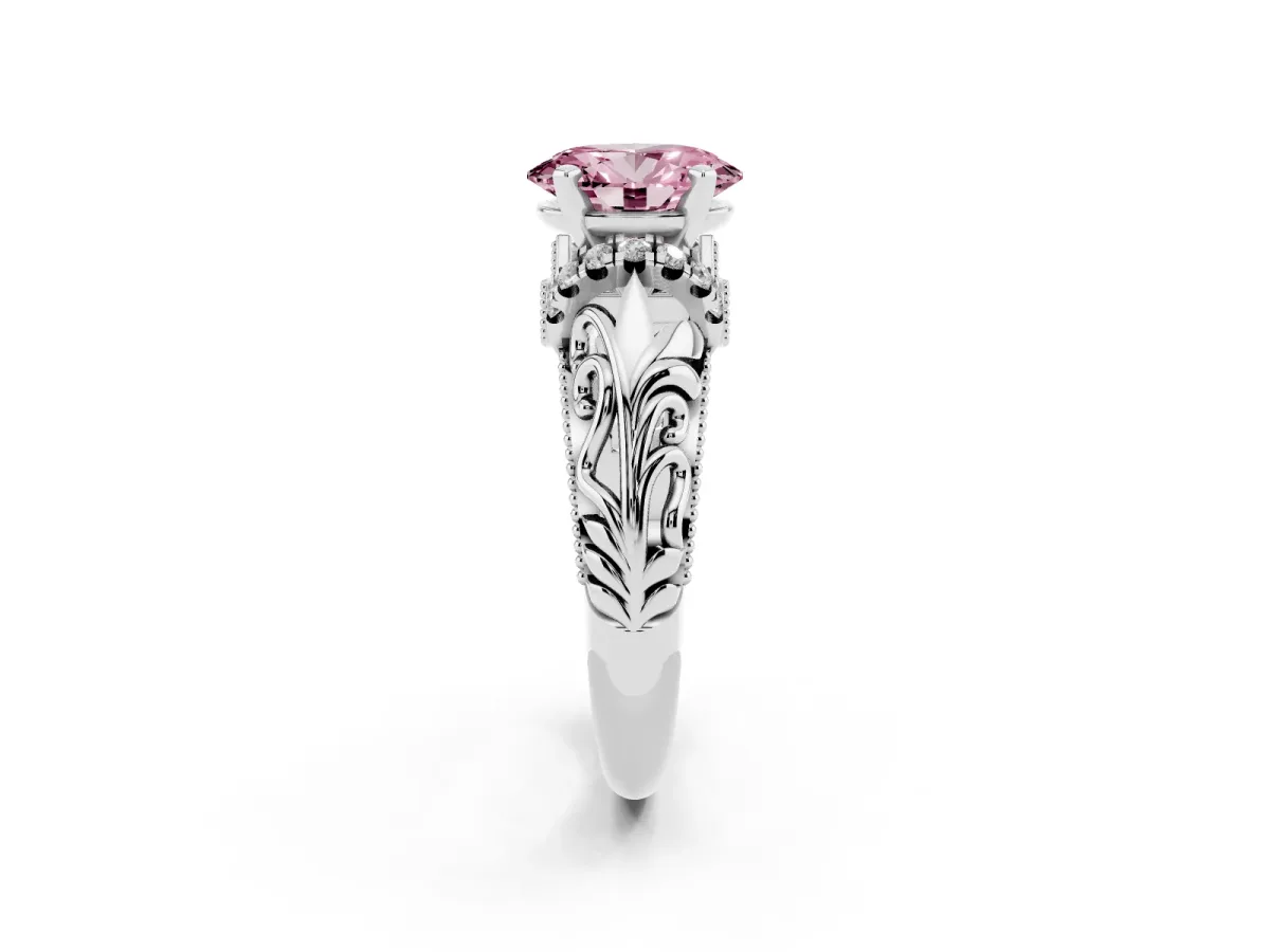 Fancy Pink Oval Cut Solitaire Filigree Engagement Ring with Halo and Prong Setting White gold