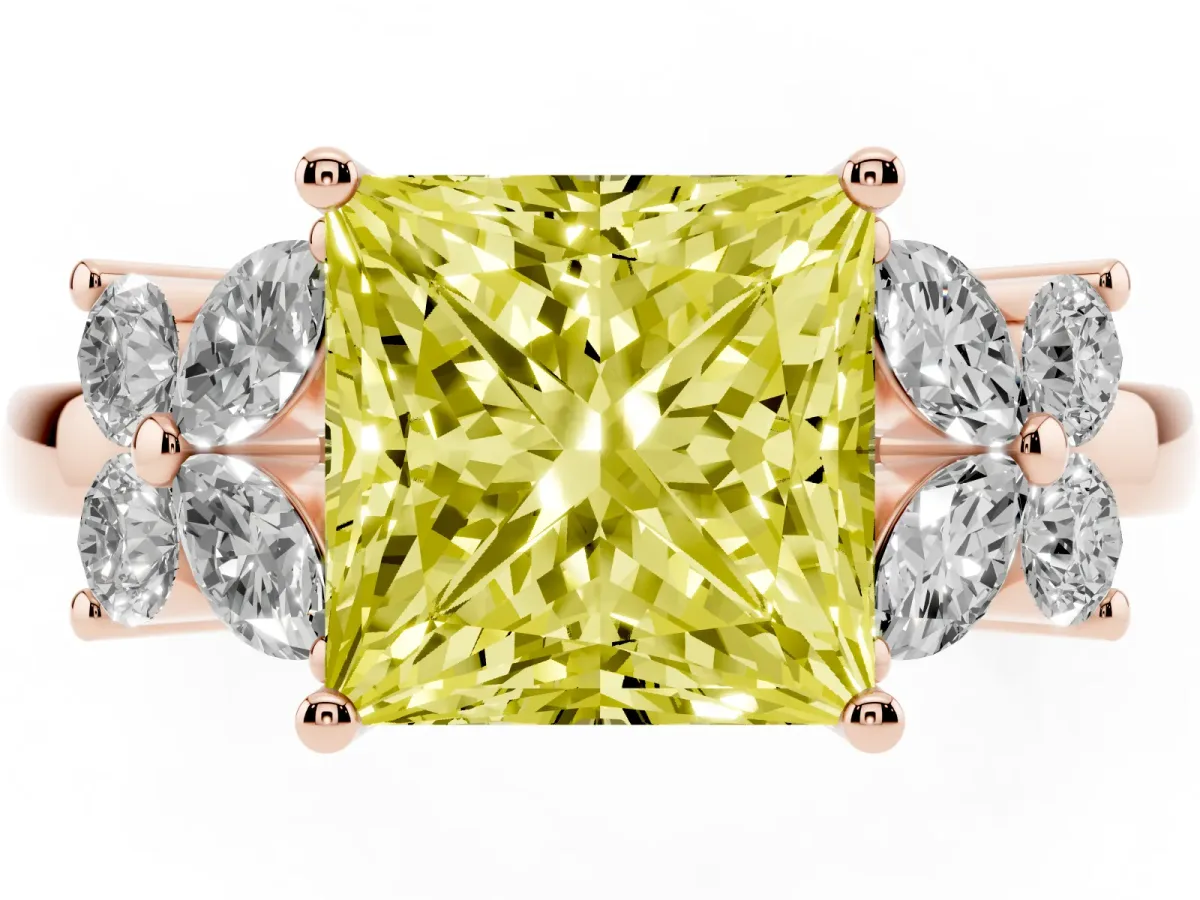 Fancy Yellow Princess Cut Diamond Floral Cluster Ring with Solitaire Band and Prong Setting Rose gold