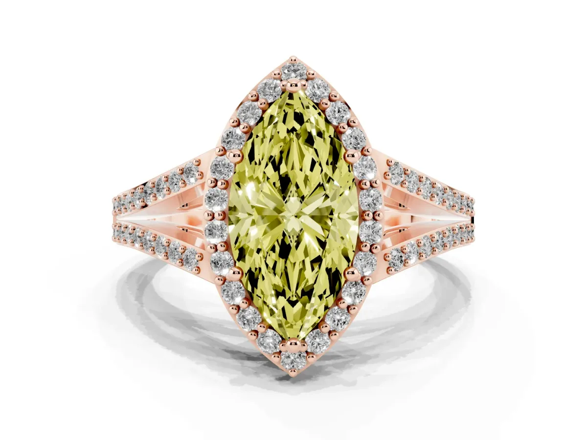 Fancy Yellow Marquise Cut Halo Split Shank Diamond Ring with Prong Setting Rose gold