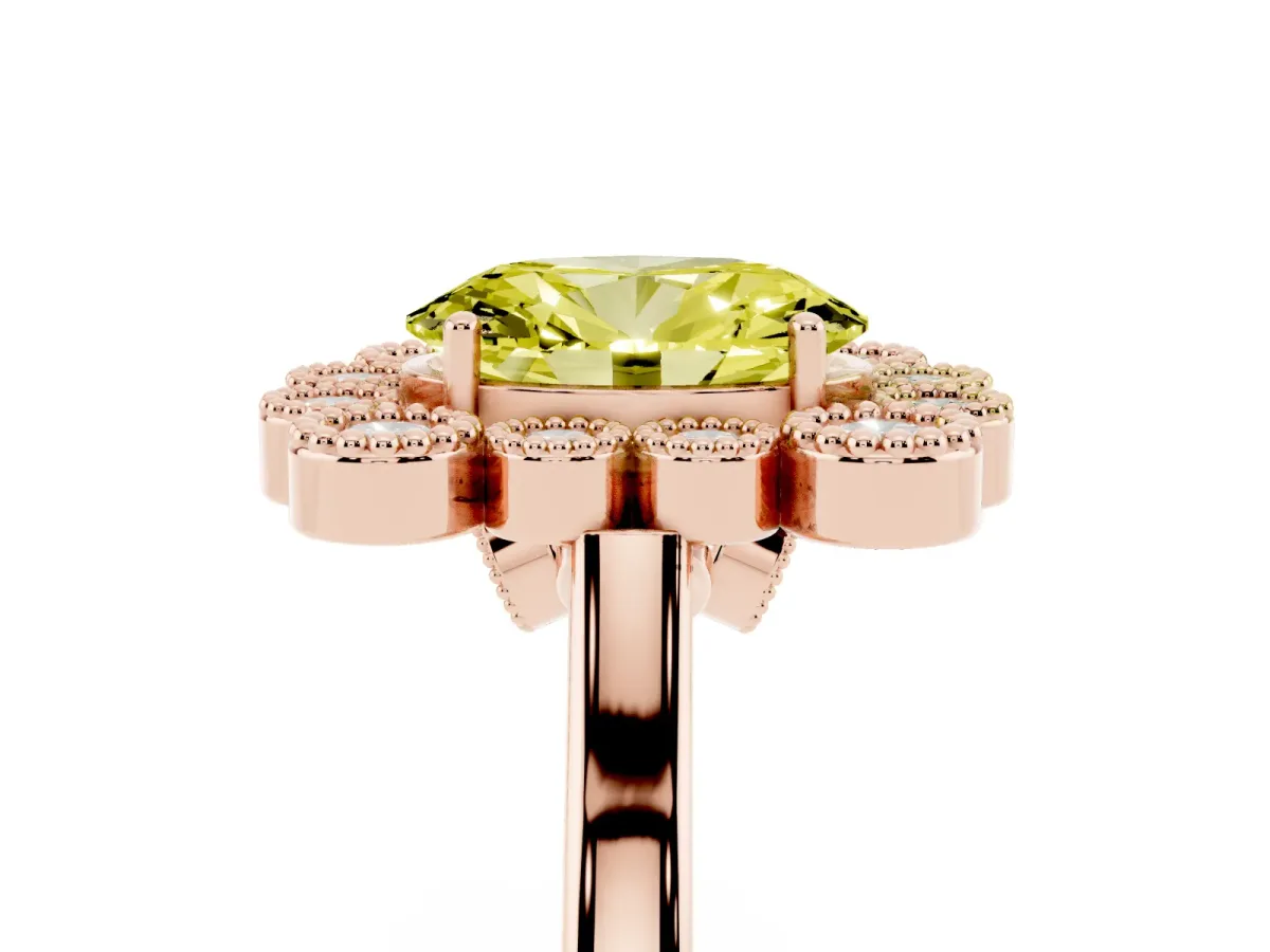 Fancy Yellow Oval Cut Halo Diamond Cluster Engagement Ring with Milgrain Bezel Setting and Solitaire Band Rose gold