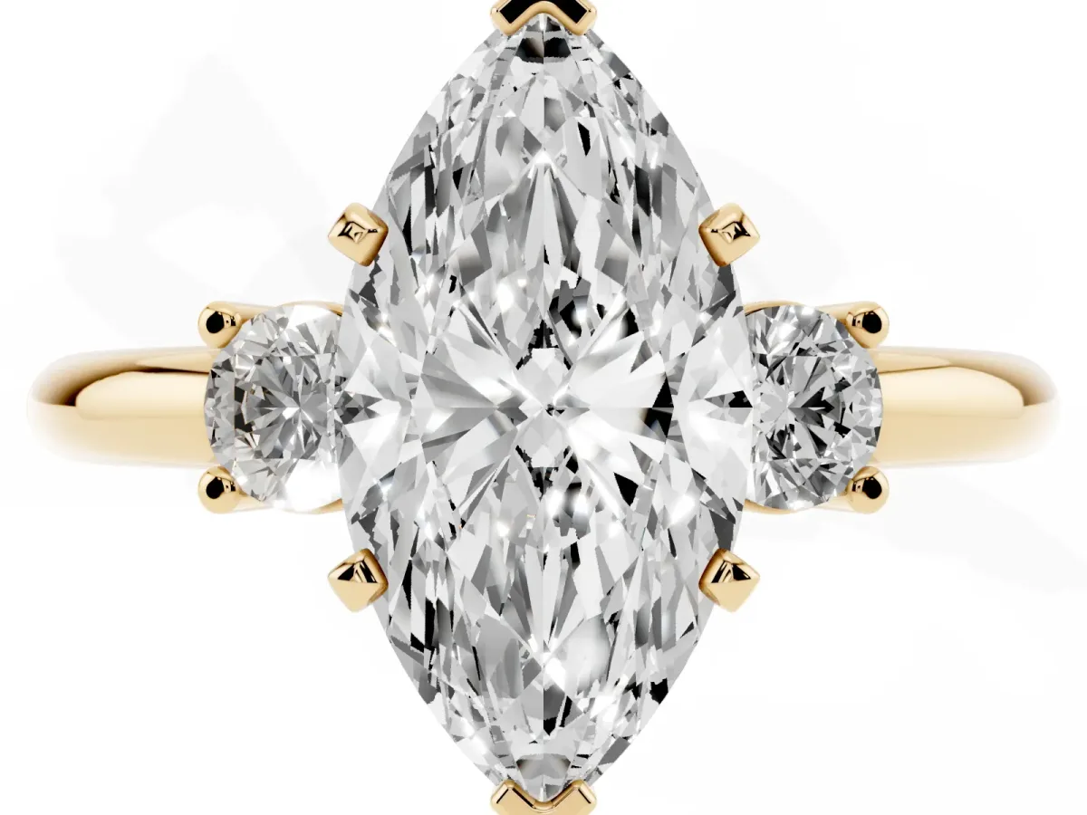 Three-Stone Marquise Cut Cut Diamond Solitaire with Prong Setting and Classic Band Yellow gold