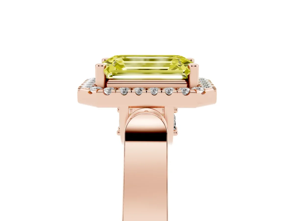 Fancy Yellow Emerald Cut Halo Pave Split Shank Prong Setting Ring Rose gold