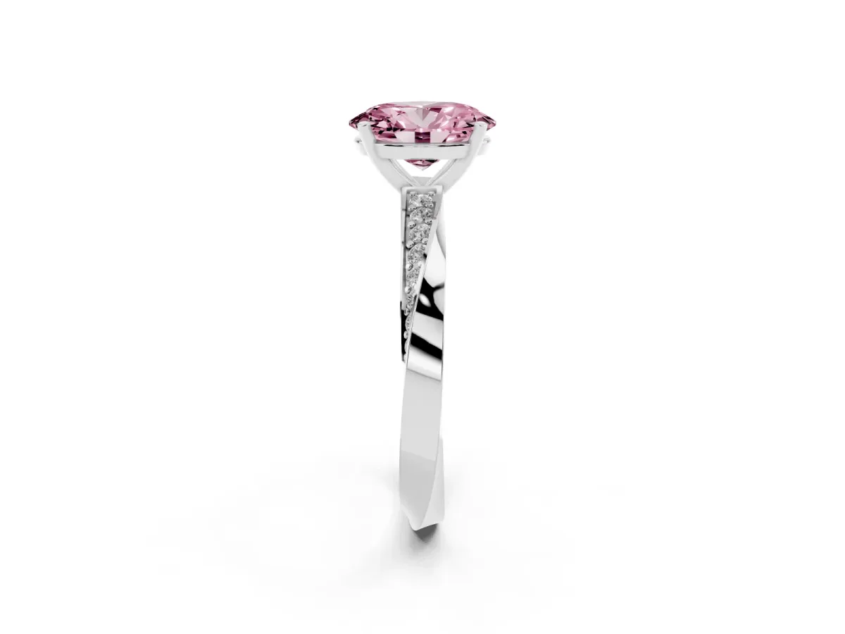 Fancy Pink Oval Cut Diamond Engagement Ring with Side Stone Accents and Four-Prong Setting Silver