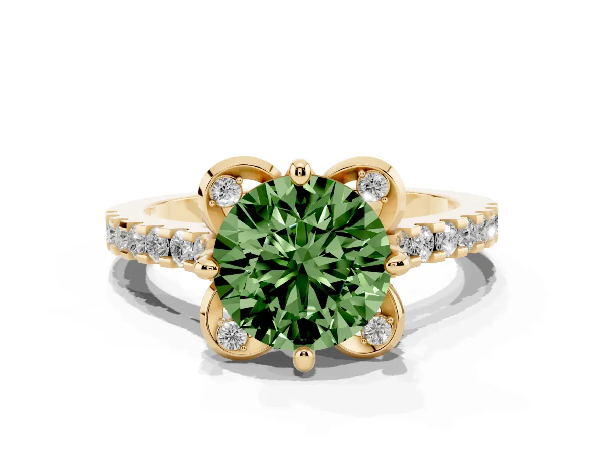 Fancy Green Round Cut Diamond Ring with Pavé Band and Floral Prong Setting Yellow gold