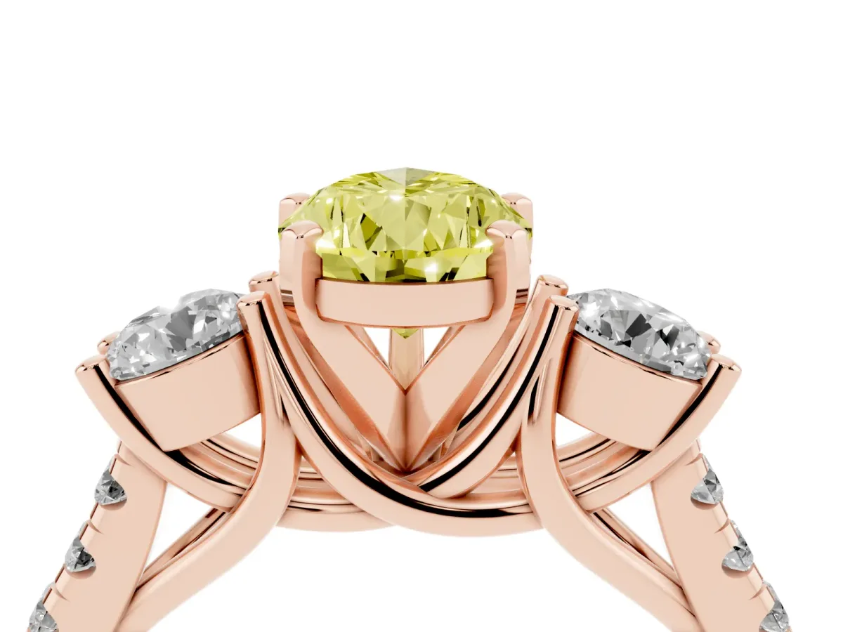 Fancy Yellow Three-Stone Pear Cut Diamond Pavé Band with Four-Prong Setting Rose gold