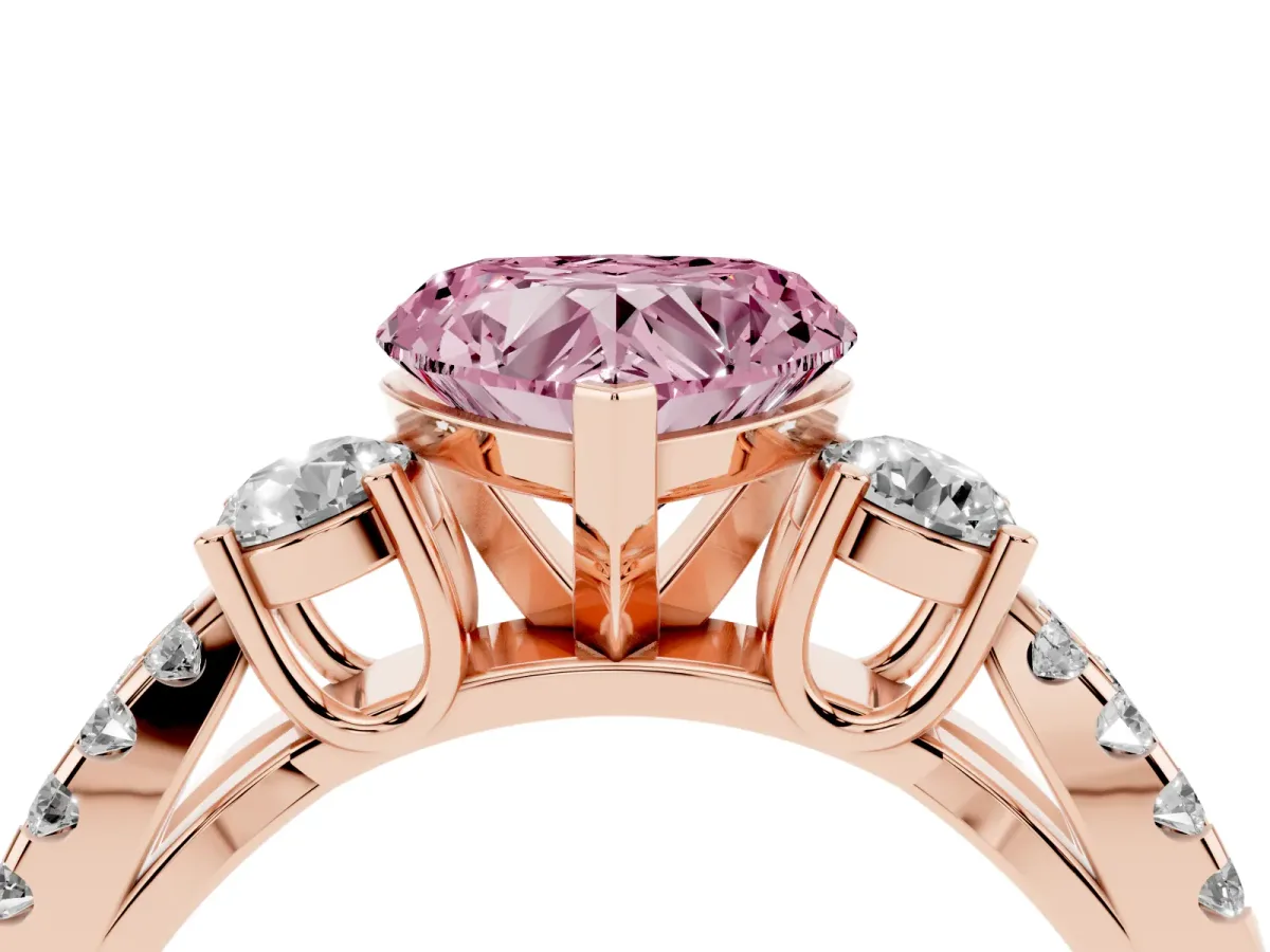 Fancy Pink Heart Cut Diamond Three-Stone Ring with Pavé Split Shank and Four-Prong Setting Rose gold