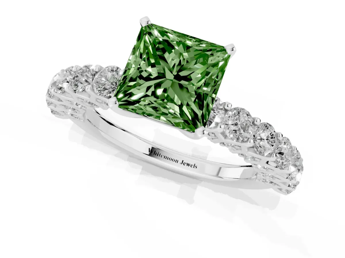 Fancy Green Princess Cut Diamond Solitaire Ring with Shared Prong Pavé Band and Four-Prong Setting Silver