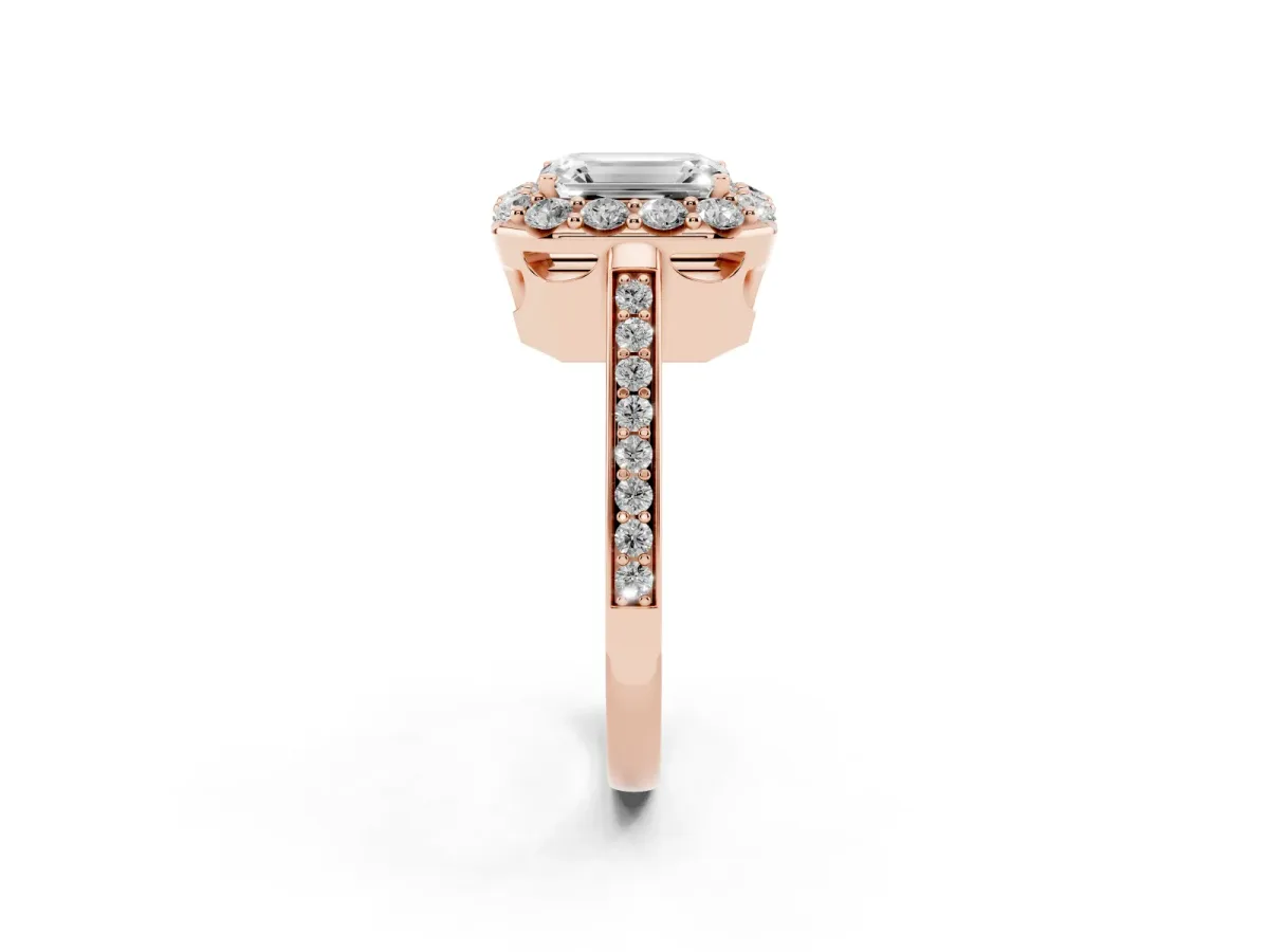 Emerald Cut Diamond Floral Halo Ring with Pavé Band and Prong Setting Rose gold