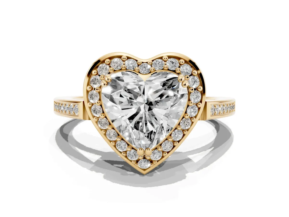 Heart Cut Diamond Halo Ring with Split Shank and Four-Prong Setting Yellow gold
