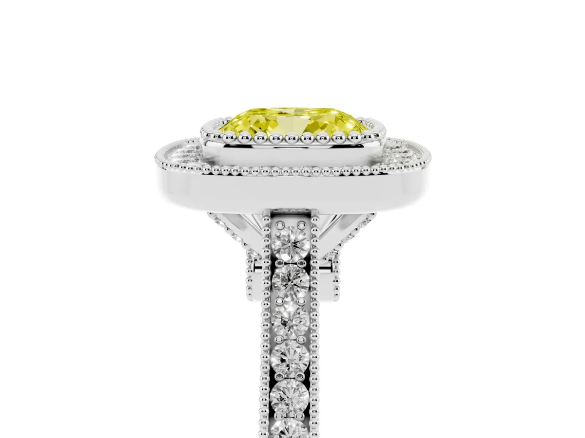 Fancy Yellow Cushion Cut Diamond Halo Ring with Milgrain Frame and Pavé Band White gold
