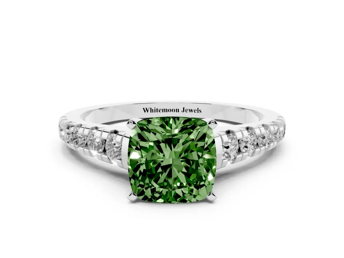 Fancy Green Cushion Cut Diamond Cathedral Solitaire Ring with Round Pavé Band Silver