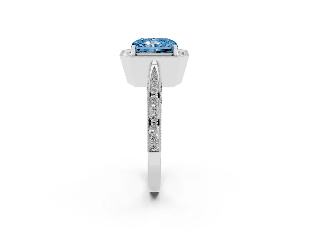 Fancy Blue Radiant Cut Halo Diamond Engagement Ring with Split Shank Band and Four-Prong Setting Silver