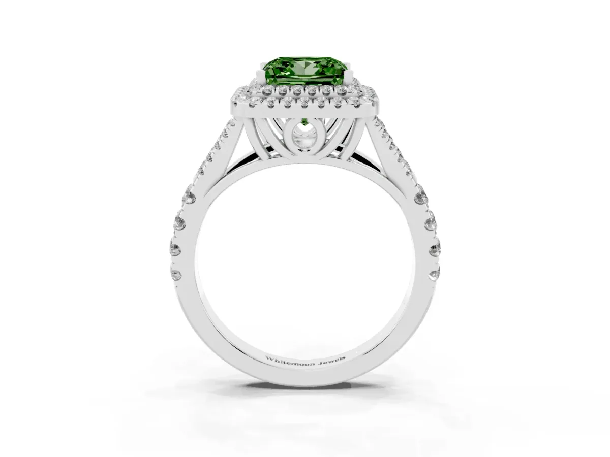 Fancy Green Princess Cut Diamond Double Halo Ring with Split Shank and Prong Setting Silver