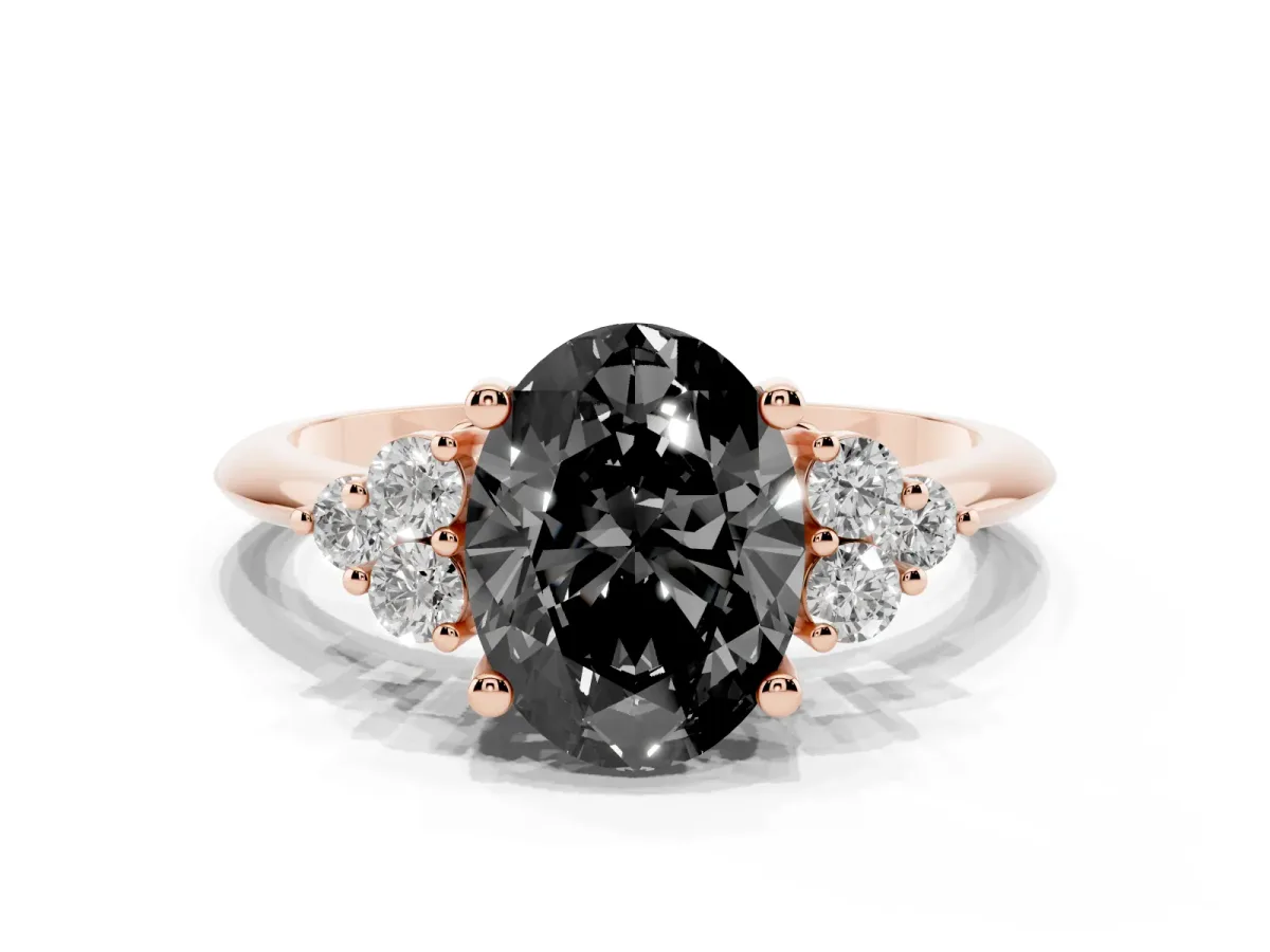 Fancy Black Oval Cut Cut Diamond Cluster Ring with Solitaire Band and Four-Prong Setting Rose gold