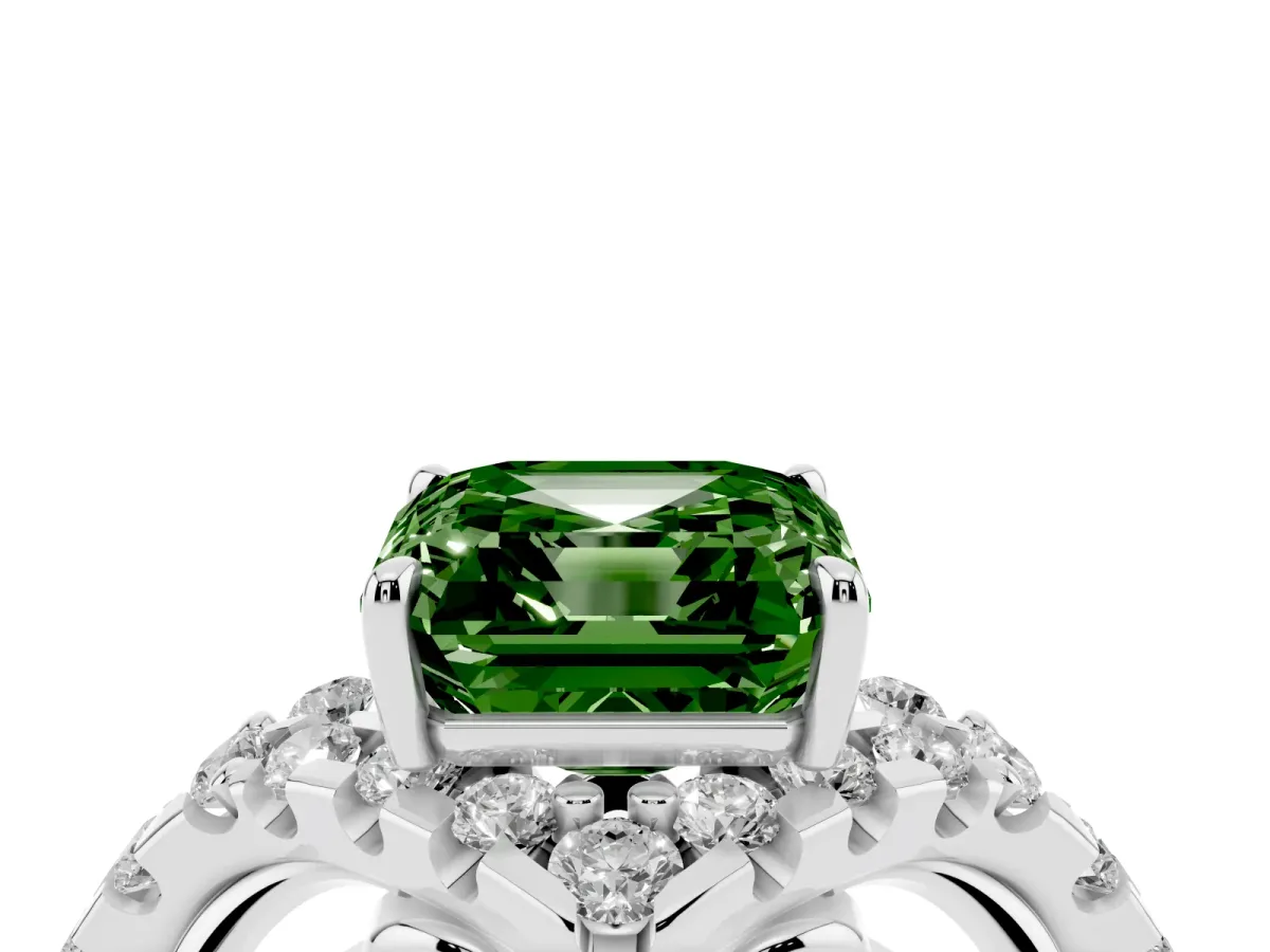 Fancy Green Asscher Cut Diamond Solitaire Ring with Hidden Halo and Pavé Band White gold