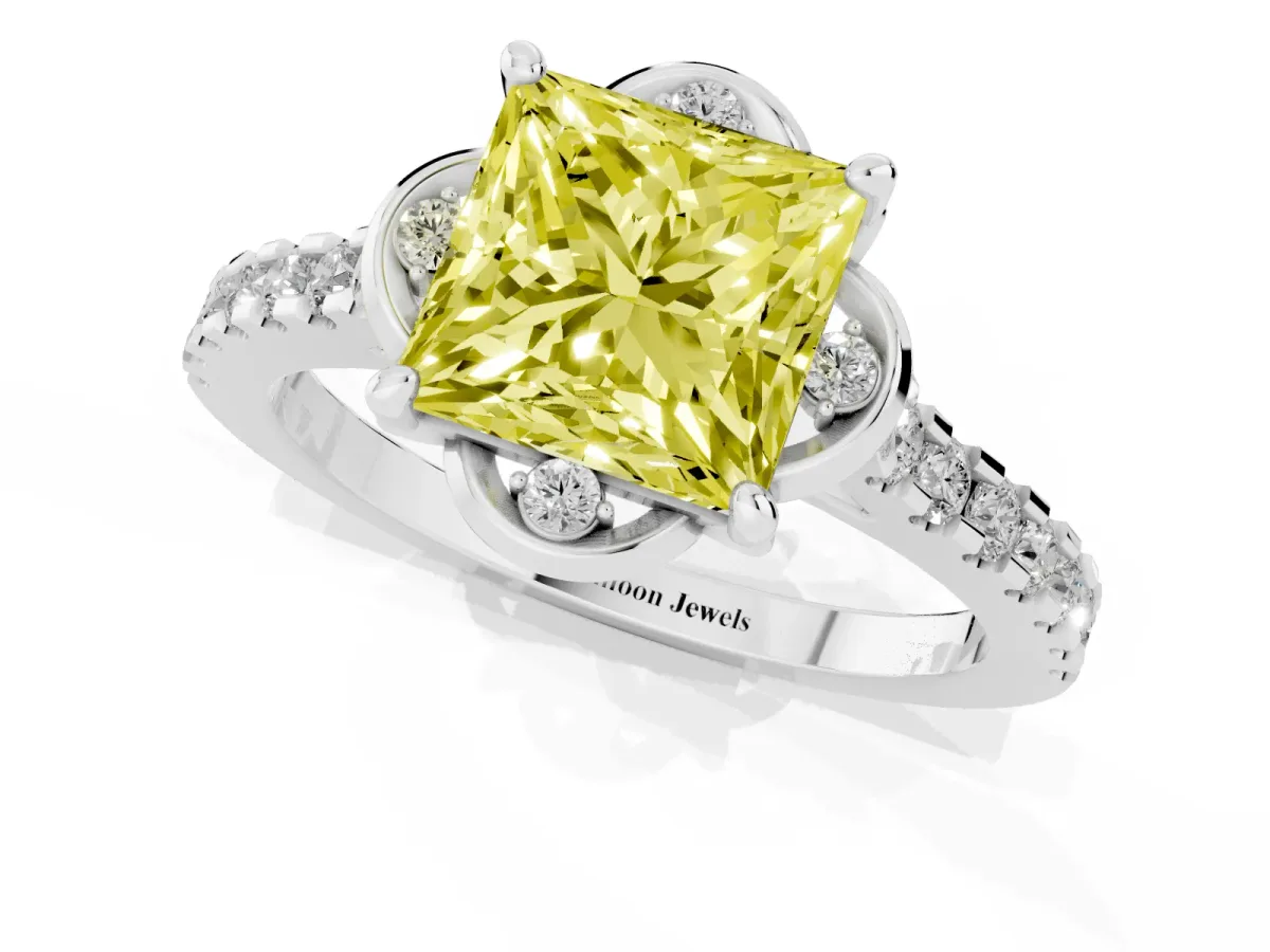 Fancy Yellow Princess Cut Diamond Ring with Pavé Band and Floral Prong Setting Silver