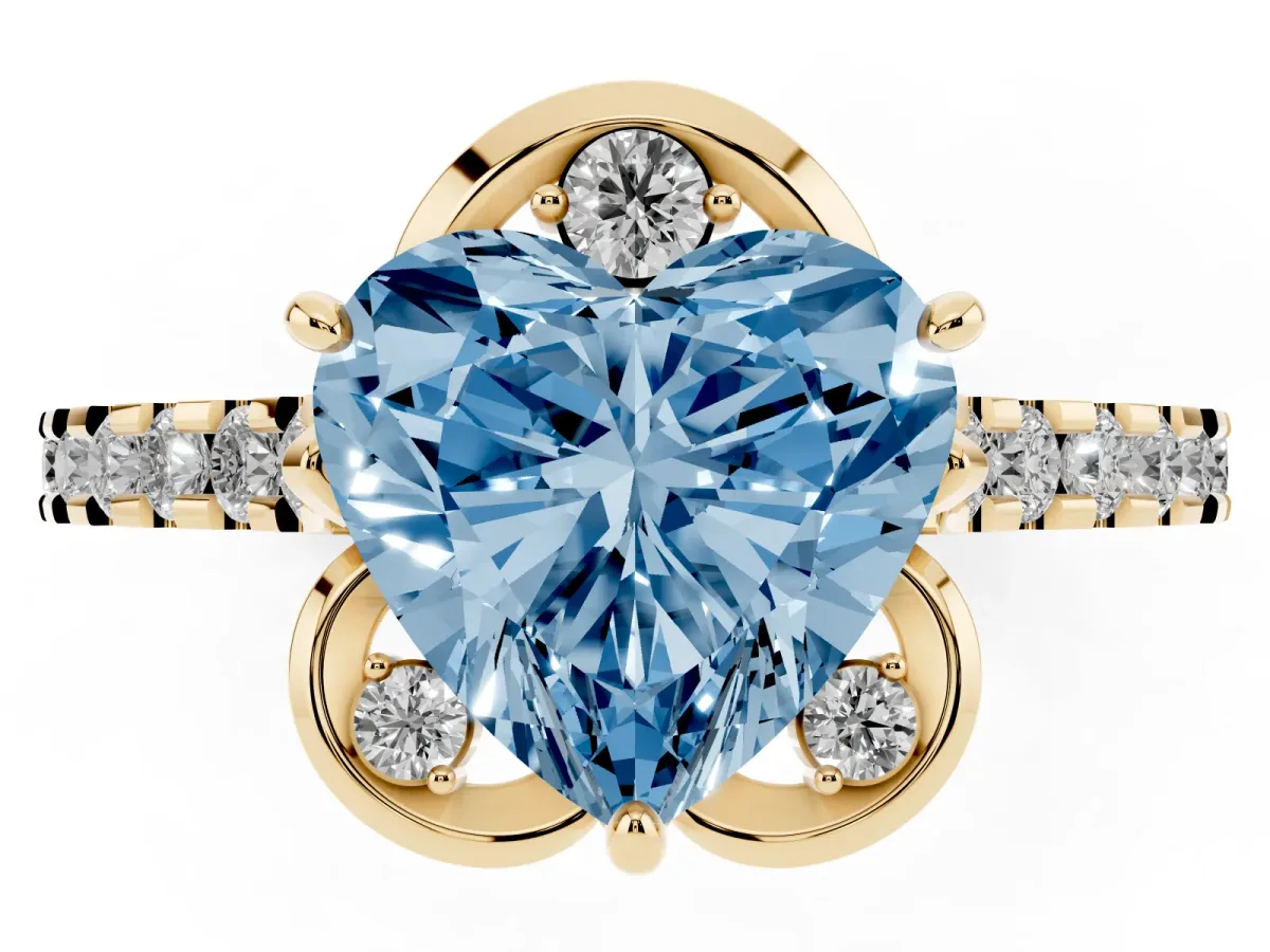 Fancy Blue Heart Cut Diamond Ring with Pavé Band and Floral Prong Setting Yellow gold