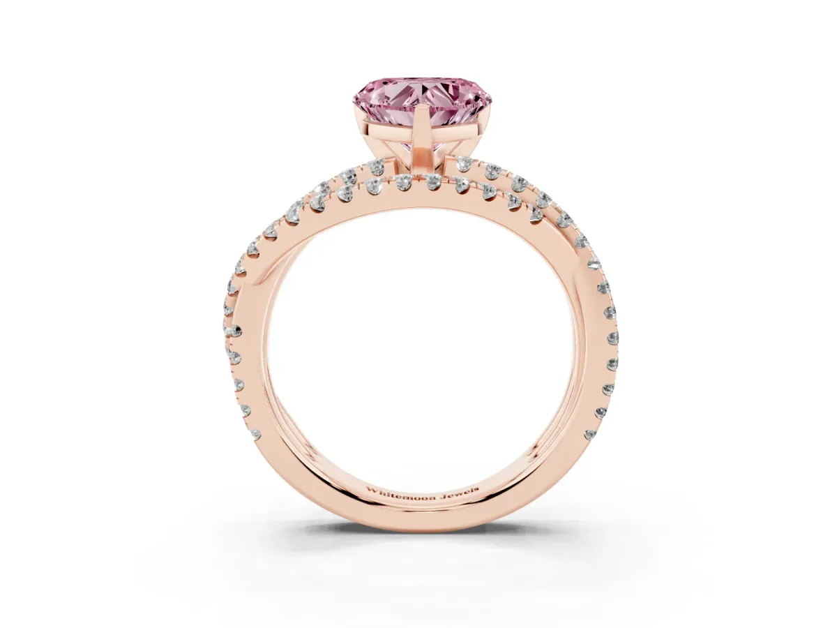 Fancy Pink Heart Cut Solitaire Twist Band with Pavé Setting and Four-Prong Setting Rose gold
