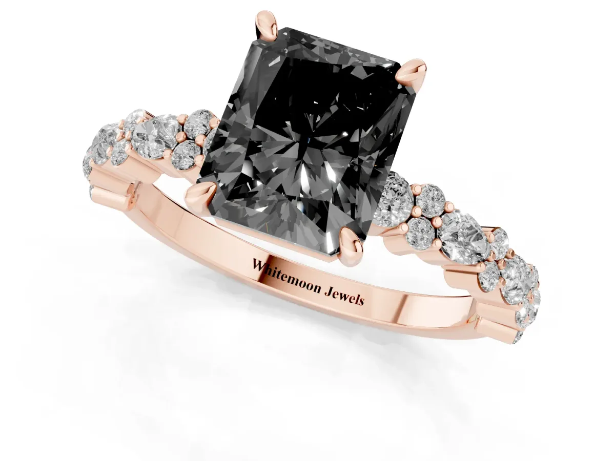 Fancy Black Radiant Cut Diamond Side Stone Solitaire Ring with Round and Four-Prong Setting Rose gold