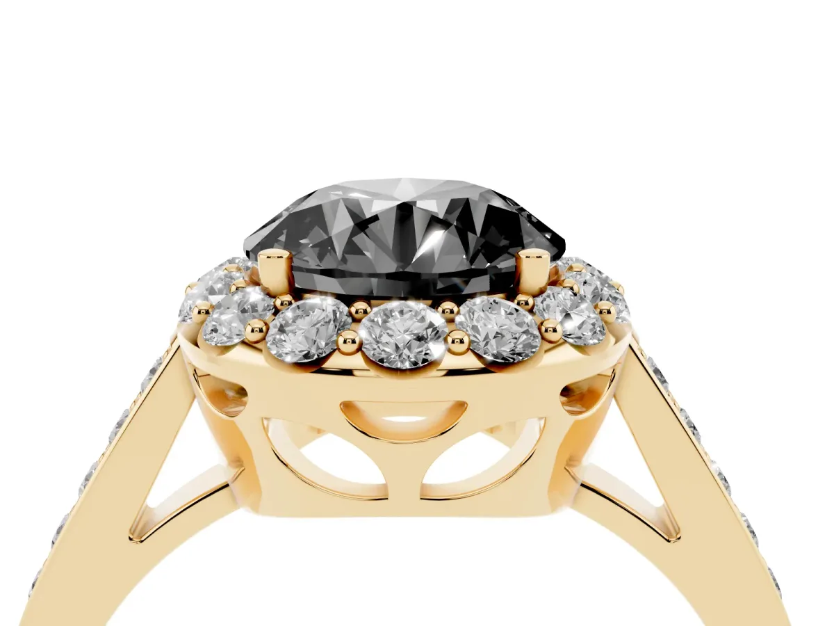 Fancy Black Round Cut Diamond Floral Halo Ring with Pavé Band and Prong Setting Yellow gold