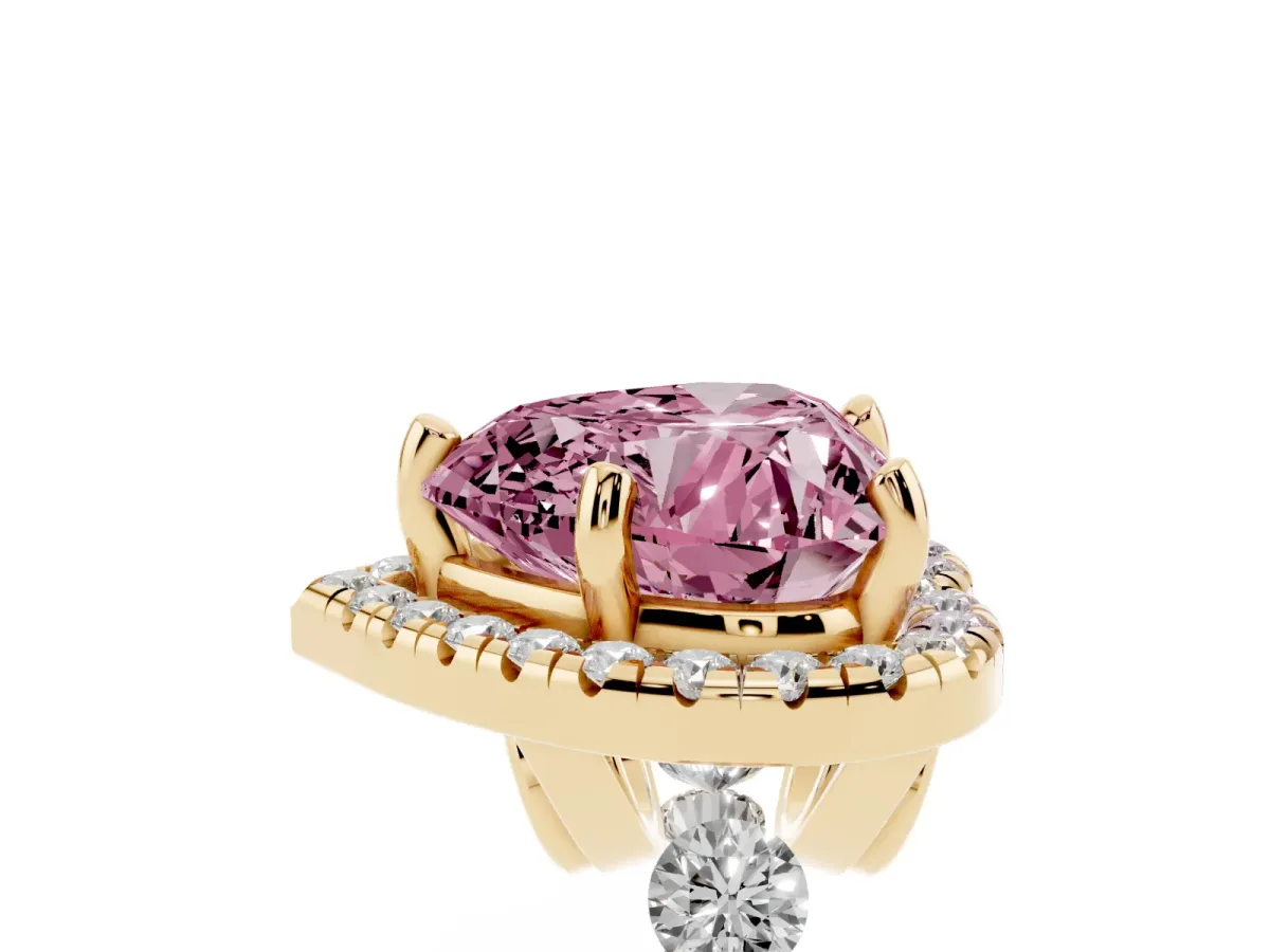 Fancy Pink Heart Cut Halo Pavé Diamond Engagement Ring with Four-Prong Setting Yellow gold
