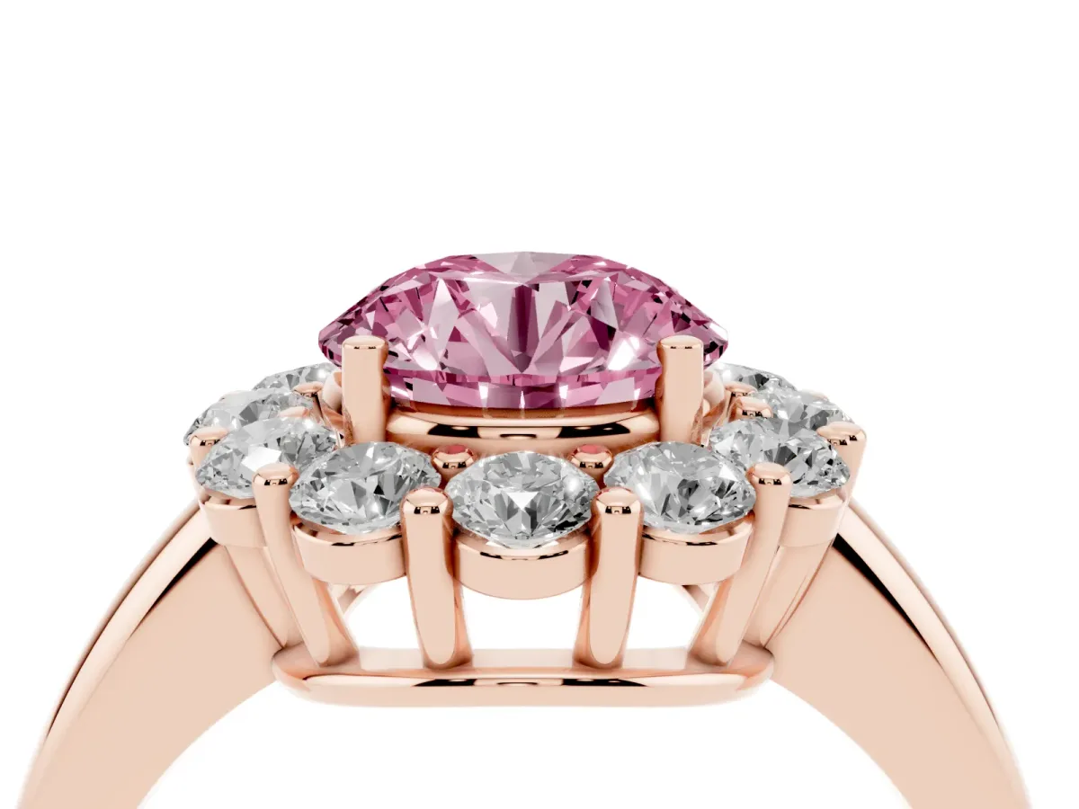 Fancy Pink Round Cut Halo Cluster Diamond Engagement Ring with Prong Setting and Polished Band Rose gold