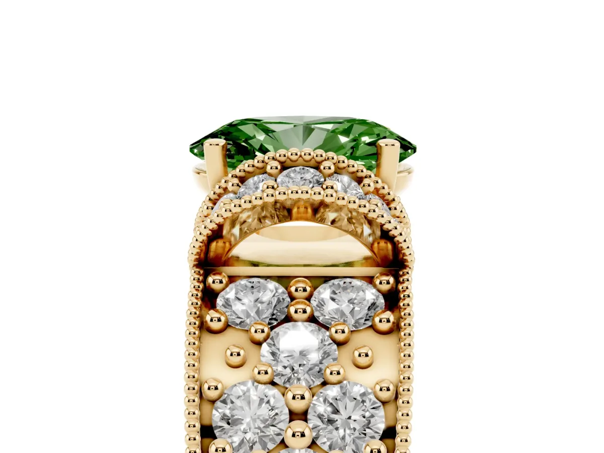 Fancy Green Oval Cut Halo Pave Diamond Engagement Ring with Milgrain Detailing Yellow gold