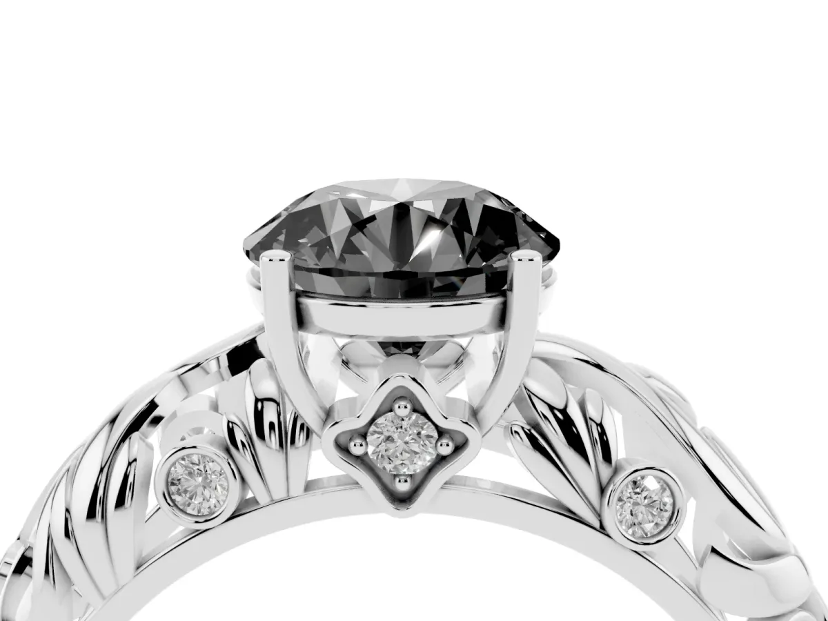 Fancy Black Round Cut Solitaire Diamond Leaf-Inspired Vine Band Ring with Prong Setting Platinum
