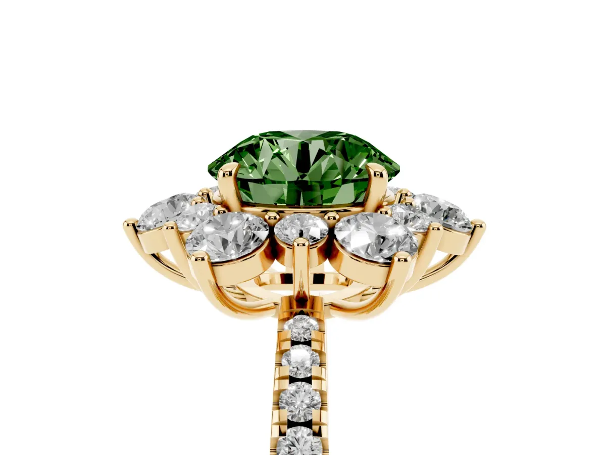 Fancy Green Round Cut Diamond Floral Halo Ring with Round Pavé Band and Prong Setting Yellow gold