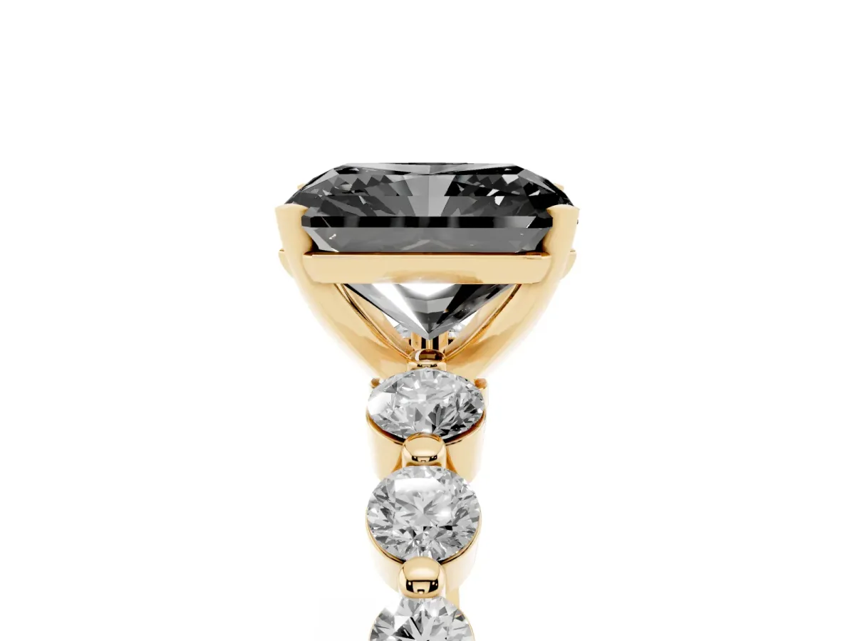 Fancy Black Radiant Cut Solitaire Diamond Ring with Pave Band and Four-Prong Setting Yellow gold